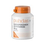 Puhdas+ kasviperäinen D-vitamiini, 50 µg, sopii erityisesti vegaaneille ja kasvissyöjille, tukee luuston, immuunijärjestelmän ja hampaiden hyvinvointia.