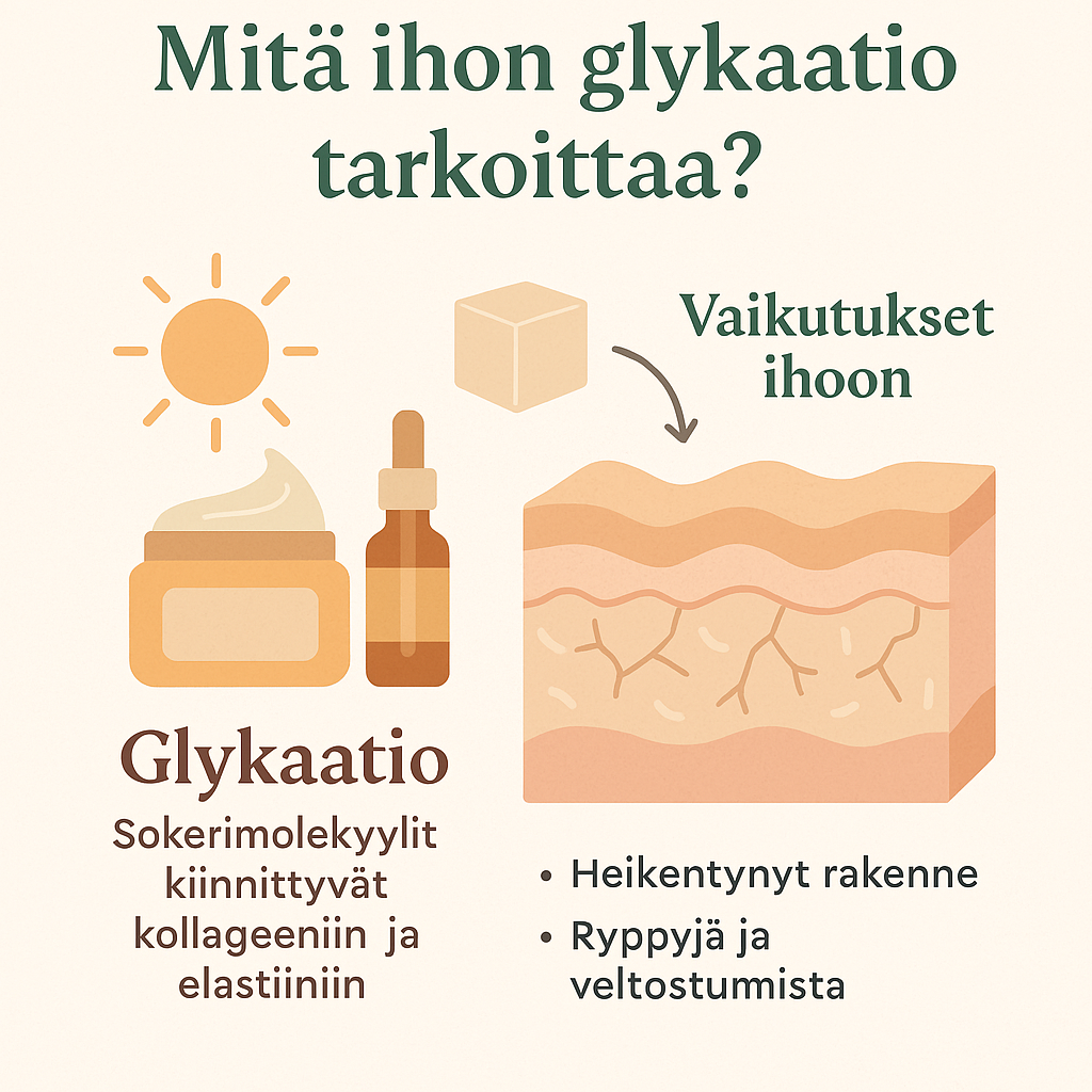 Infografiikka, joka esittelee ihonhoitotuotteiden ja sokerin vaikutusta ihoon, sekä UV-säteilyn roolia glykaatiossa ja ihon vanhenemisessa.
