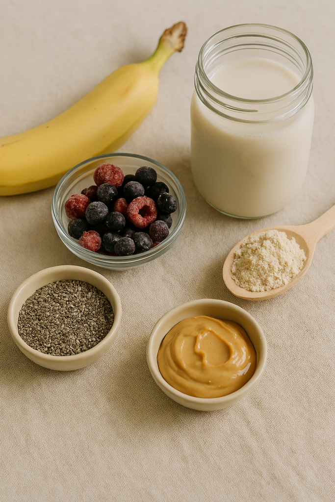 Hormonitasapainoa tukevan smoothien ainesosat: banaani, pakastemarjat, chia-siemenet, maapähkinävoi, kauramaito ja proteiinijauhe.
