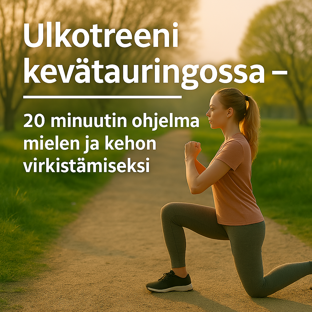 Nainen kevätauringossa treenaamassa mieltä ja kehoa.