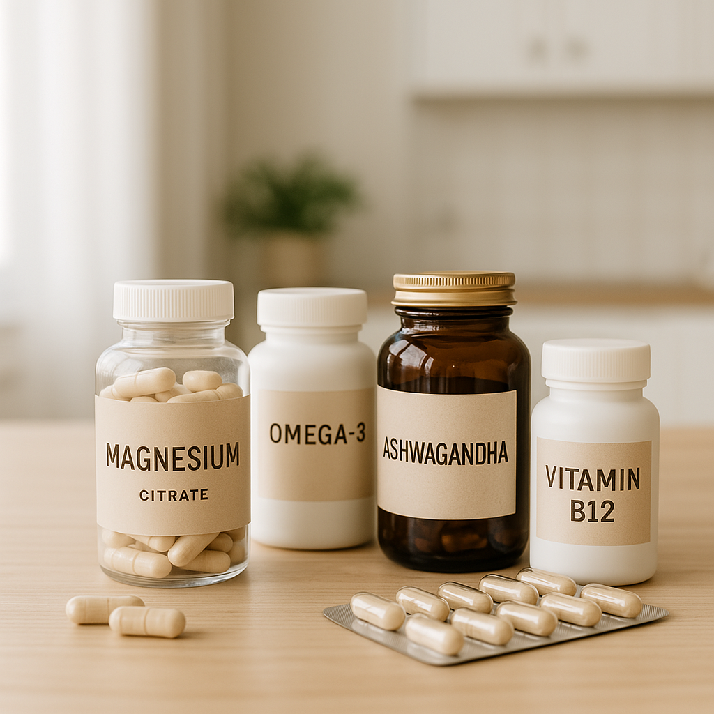 Lisäravinnepurkkeja ja vihreä kasvi valkoisella pöydällä luonnonvalossa